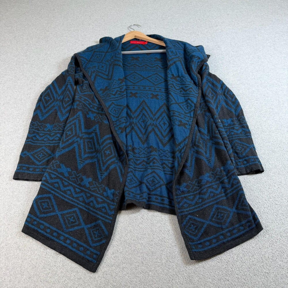 Krimson Klover Sweater Women Medium Blue Cardigan Hooded Aztec Open Knit Boho